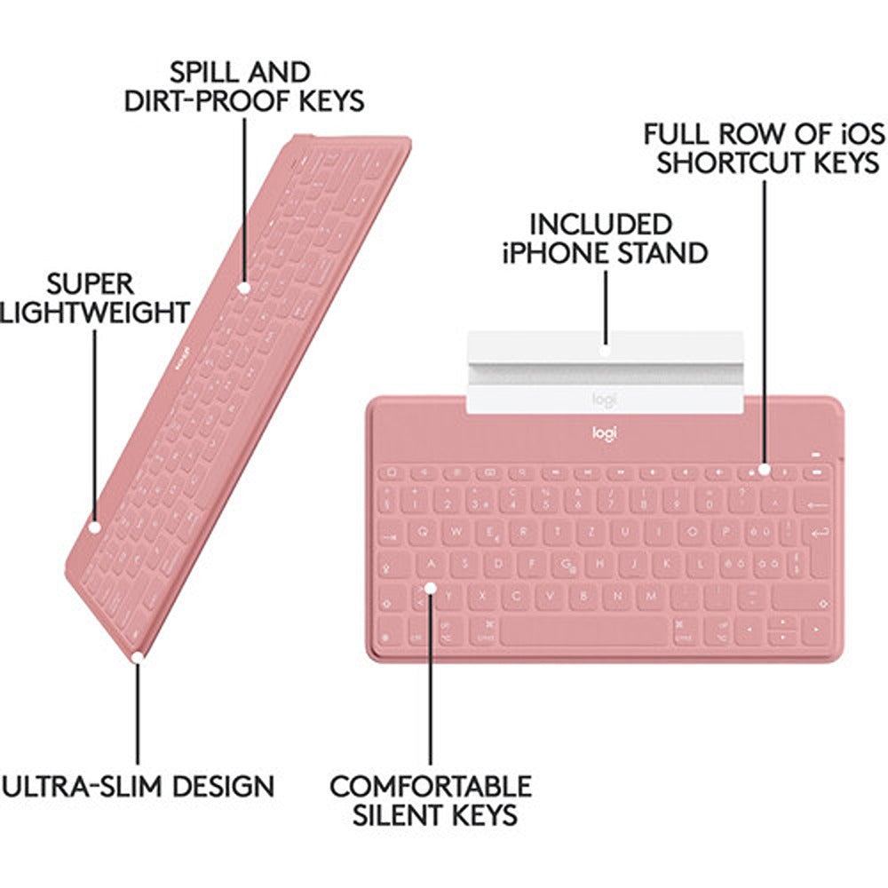 Logitech KeysToGo Ultra slim keyboard with addon iPhone stand (Blush)
