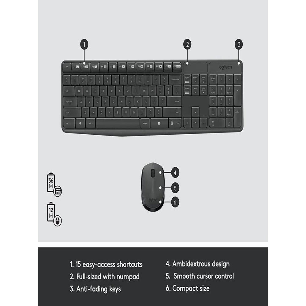 MK235 USB Wireless Optical Keyboard and Mouse Combo, (Grey)