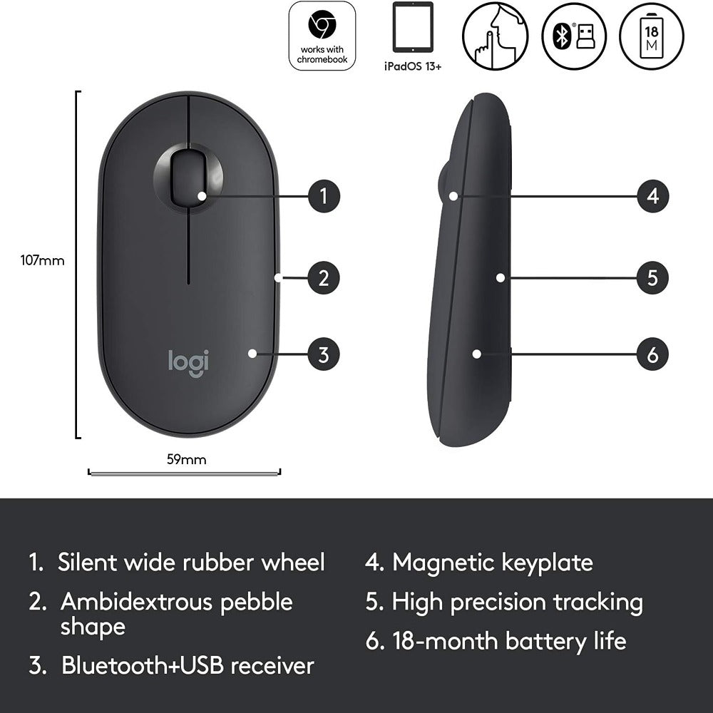 Logitech Portable Wireless Mouse M350/M355 (Graphite) Designed to be compatible with Google Pixel Go.