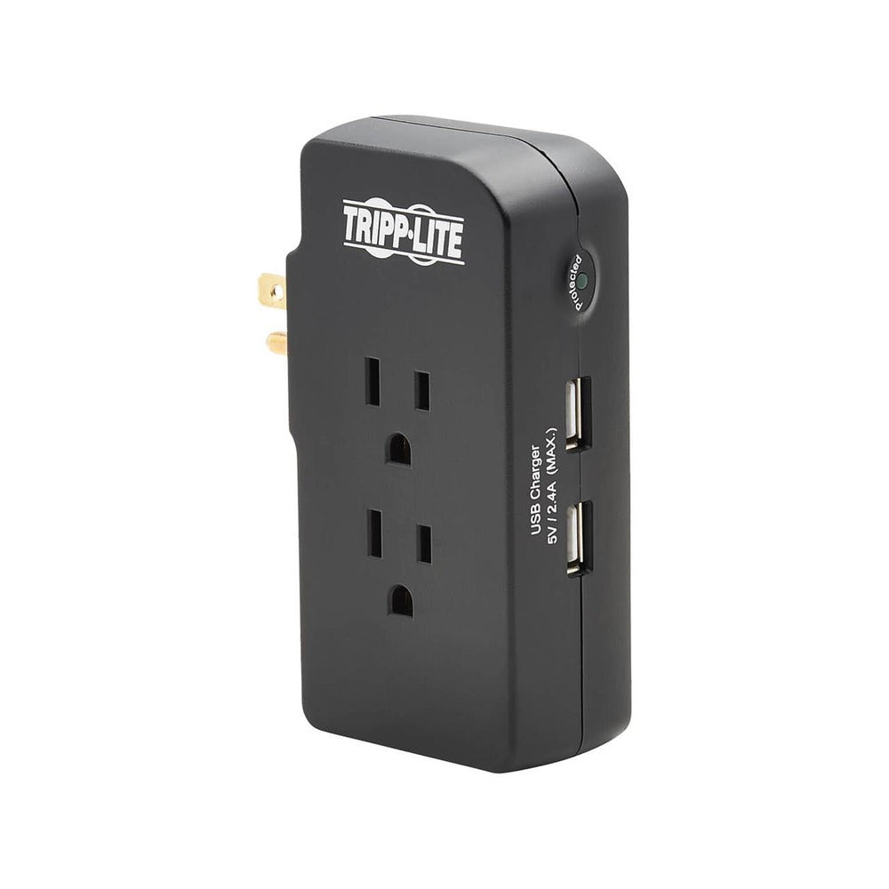 Safe-IT 3-Outlet Surge Protector - 2 USB Ports, 5-15P Direct Plug-In, 1050 Joules, Antimicrobial Protection, Black