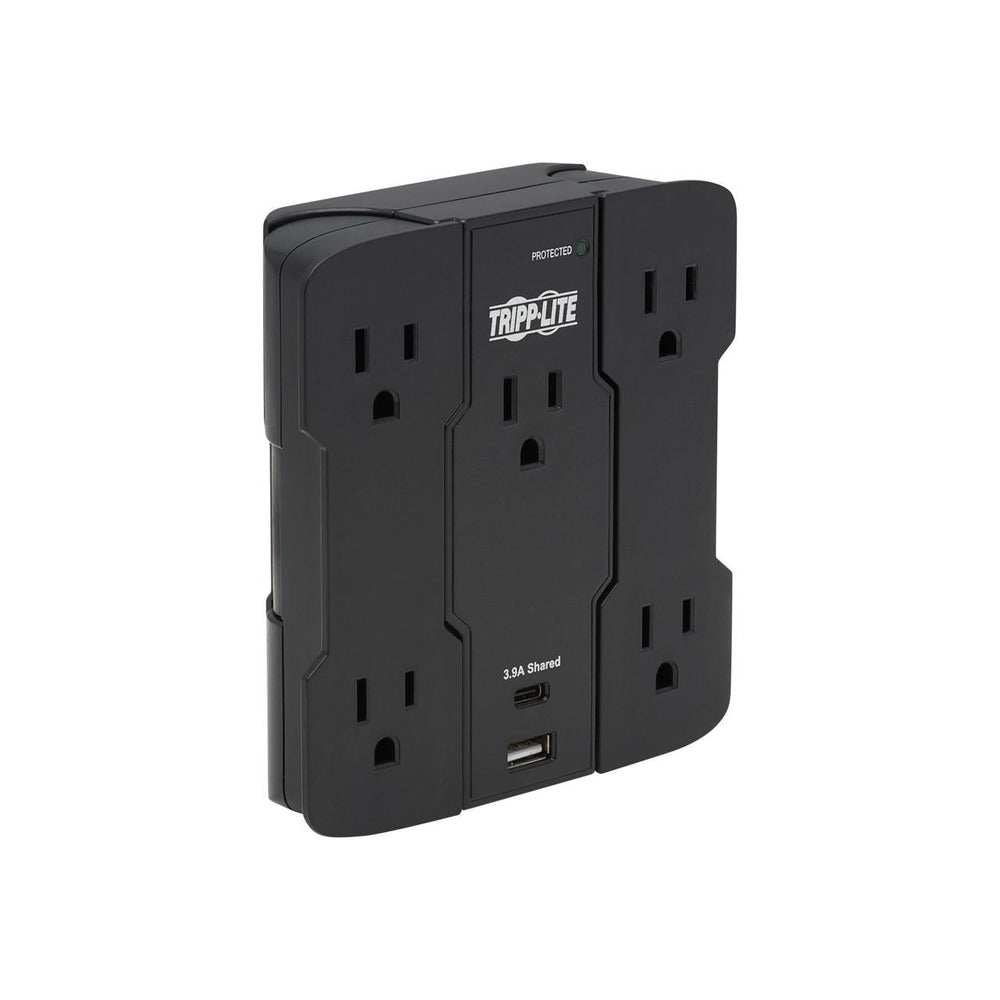 Safe-IT 5-Outlet Surge Protector - USB-A/USB-C Ports, 5-15P Direct Plug-In, 1050 Joules, Antimicrobial Protection, Black