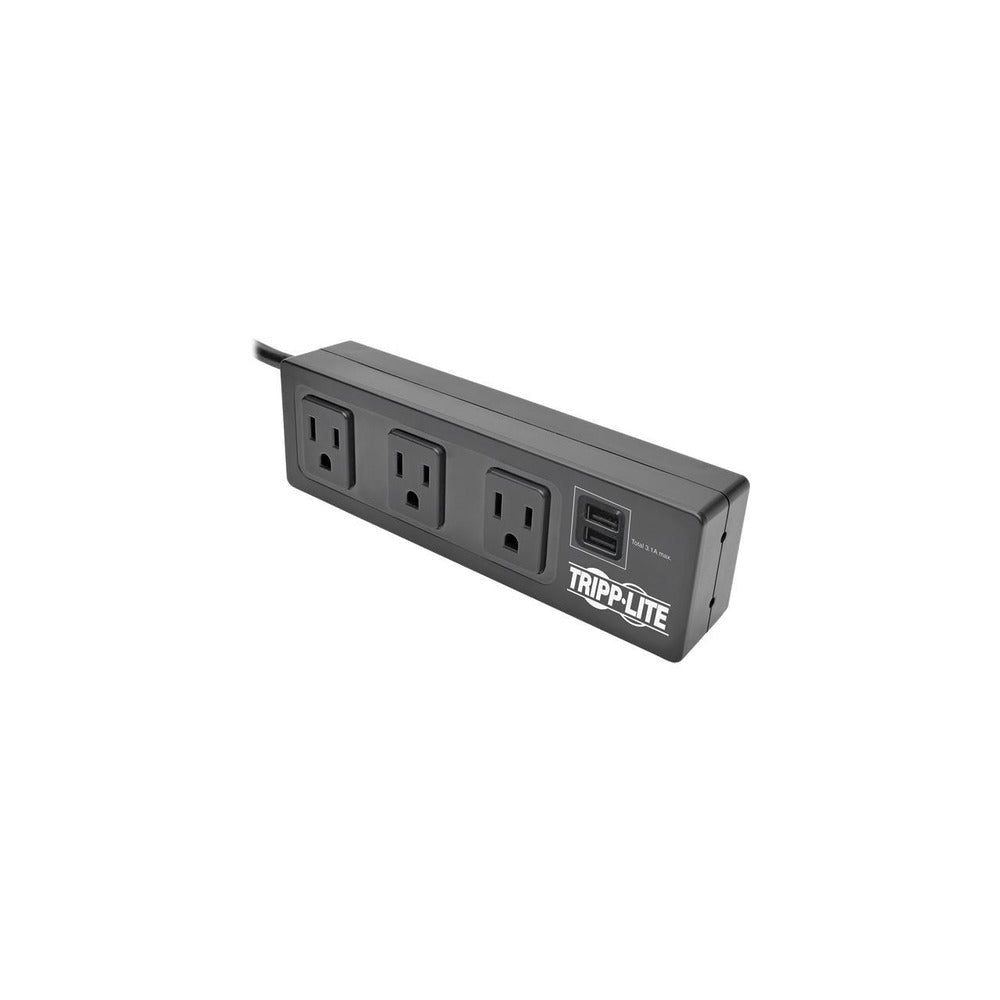 3-Outlet Surge Protector Power Strip w/2-Port USB Charging Black